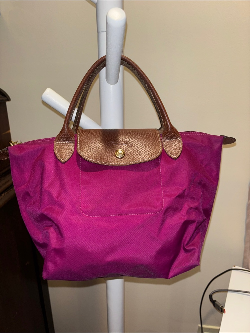 Longchamp Magenta Nylon Tote with Brown Leather Trim